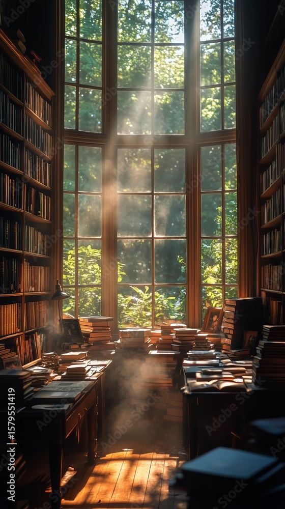 Poster dusty sunlight filters through windows of an old library filled with books at midday.