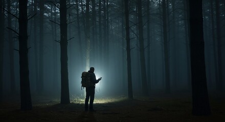 Lost in the Fog: Backpacker Illuminated by Phone in Eerie Forest