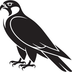 A striking black and white graphic depiction of a falcon perched against a light gray background on transparent background