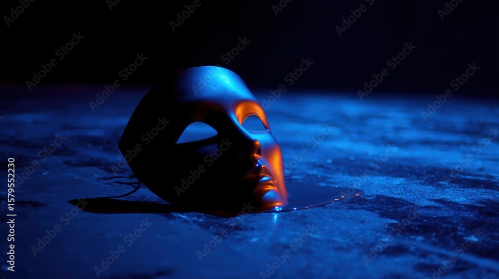 Poster close-up of a theatrical mask lying on the ground. the mask is black and orange in color and appears