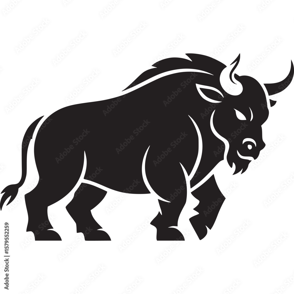 Poster a black silhouette of a bull with horns and a tail on a white background in vector format style on t