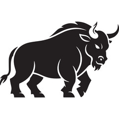 A black silhouette of a bull with horns and a tail on a white background in vector format style on transparent background