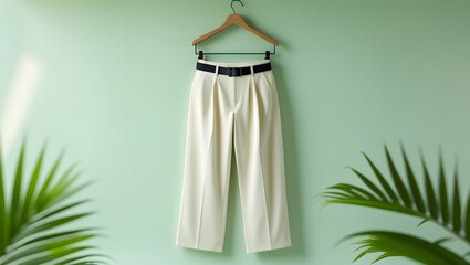 High-Quality Product Photo of Cream Trousers with Belt and Hanger
