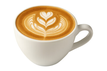 Ceramic white mug featuring delicate heart-shaped latte art, revealing barista's creative skill against minimalist backdrop