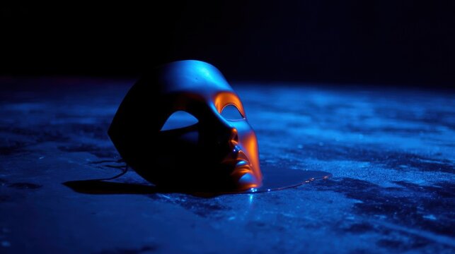 Close-up of a theatrical mask lying on the ground. the mask is black and orange in color and appears to be made of a shiny material. it has a triangular shape with a pointed nose and a small mouth.