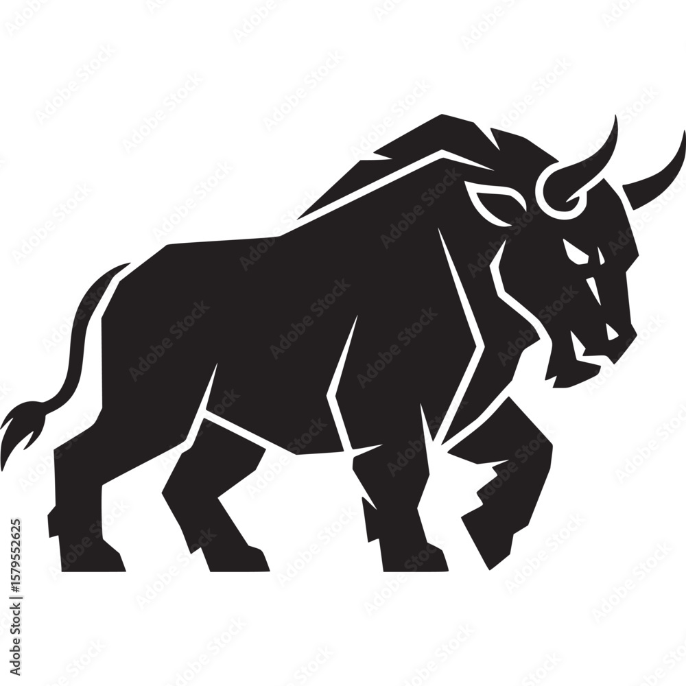 Poster a stylized black silhouette of a bull with horns and a tail on a white background in a vector style 