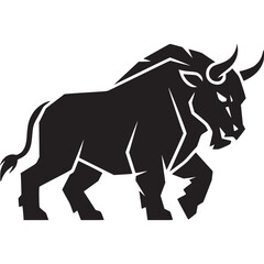 A stylized black silhouette of a bull with horns and a tail on a white background in a vector style on transparent background