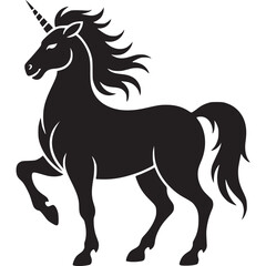 A black unicorn standing on three legs with a white background in a vector style illustration on transparent background