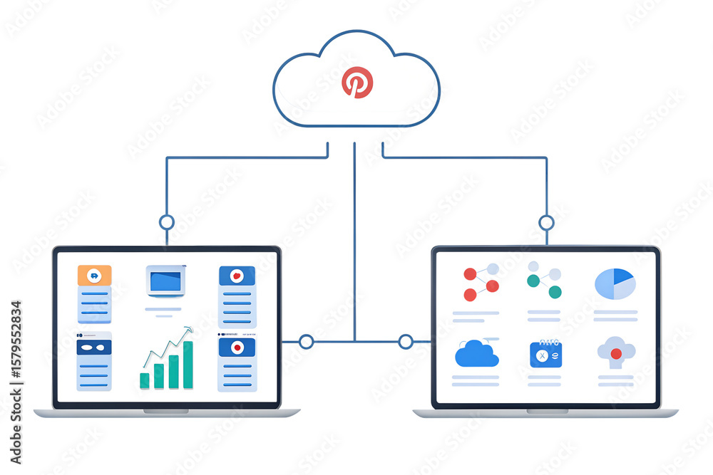 Poster diagram showing two laptops connected via lines to a cloud with a pinterest logo inside of it on tra