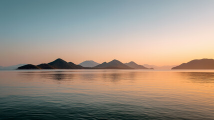 Peaceful seascape at sunset with calm waters reflecting soft pastel tones and distant mountain silhouettes
