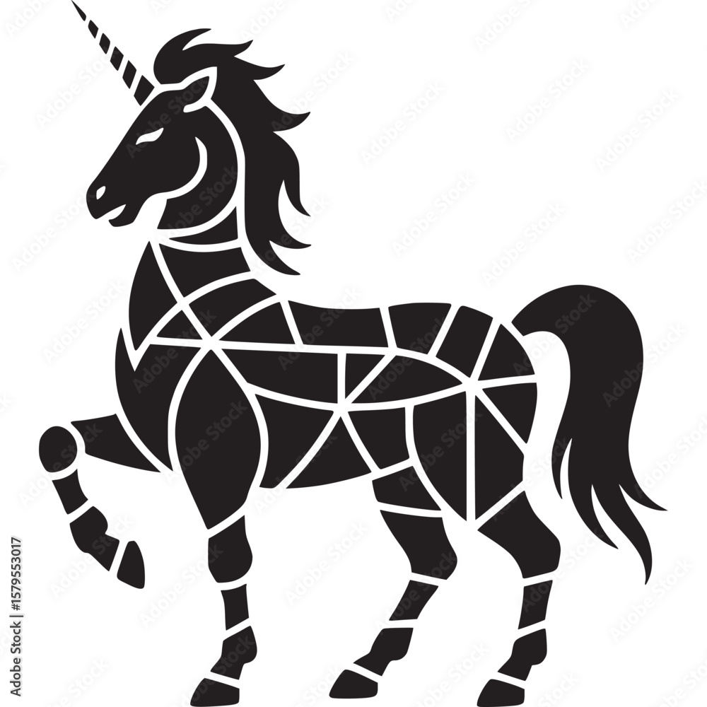 Poster a black unicorn with geometric shapes on its body standing on a white background in a minimalist sty