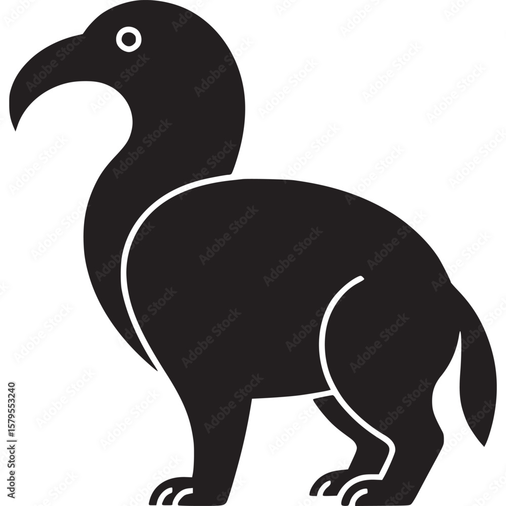 Poster a stylized black bird with a curved beak standing on a light gray background in simple illustration 