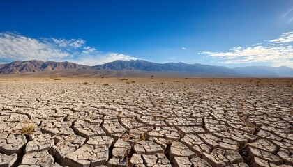 cracked earth under the vast sky a parched and cracked earth surface stretching towards majestic mountains under a bright blue sky evokes a sense of vastness and arid beauty