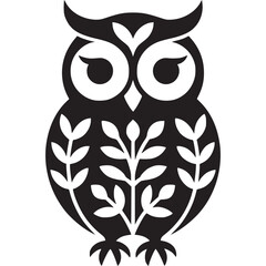 Stylized black and white owl illustration with leaf patterns on its body and large round eyes design on transparent background