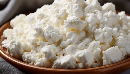 close up texture of white cottage cheese curds displaying its soft lumpy and slightly moist appearance