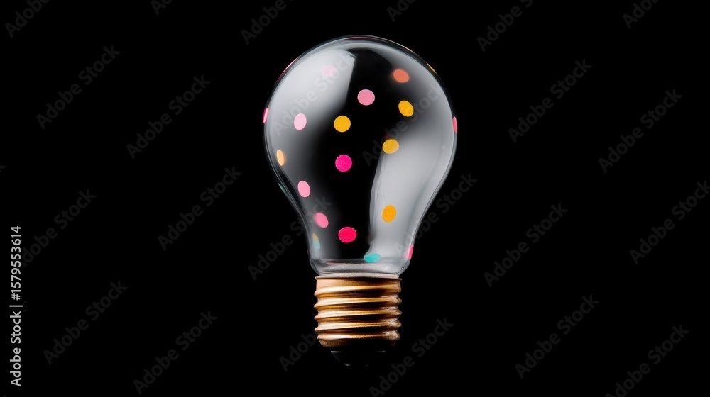 Poster the image is of a light bulb with a black background. the bulb is round and has a transparent glass 