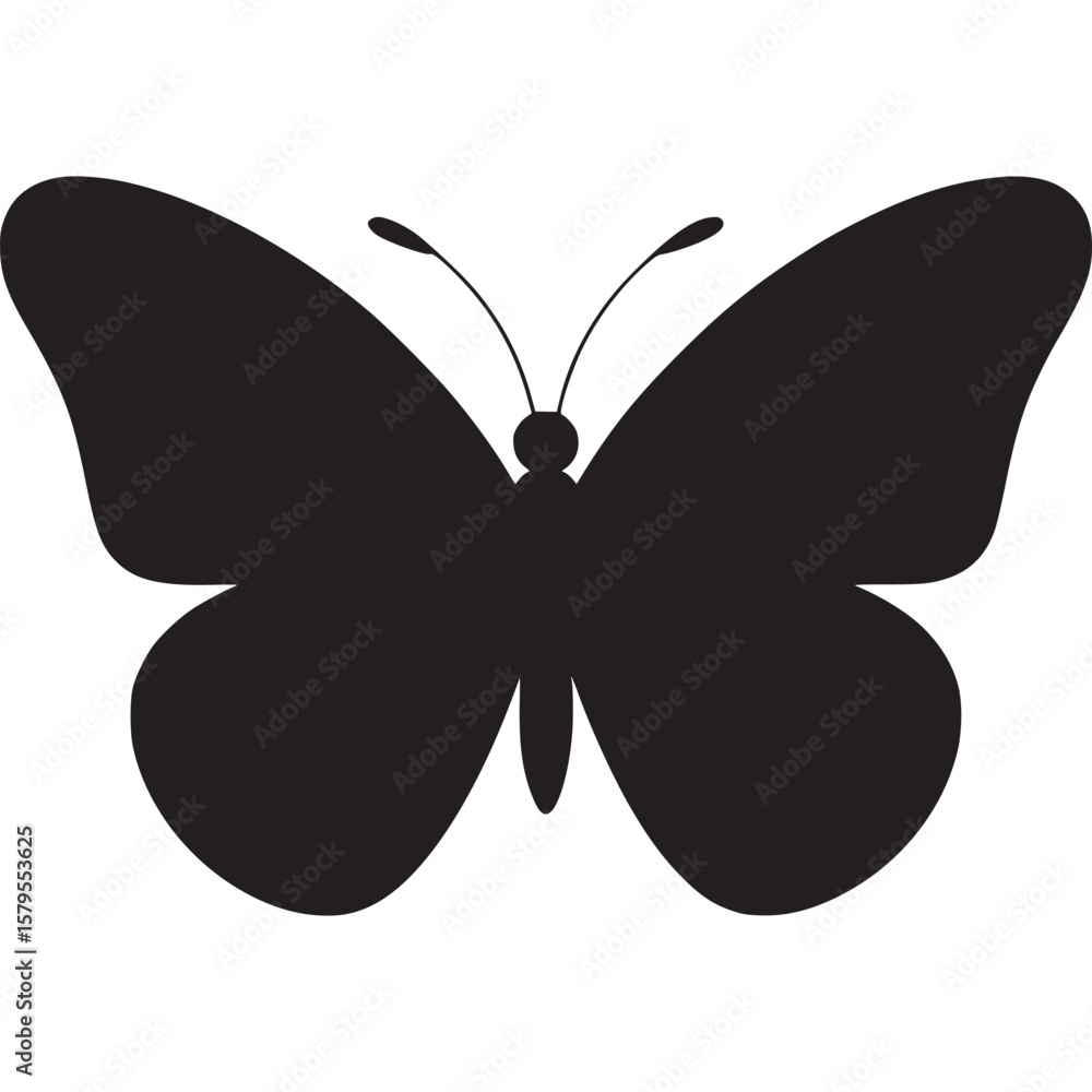 Poster silhouette of a butterfly with wide wings and antennae against a light gray background centered view