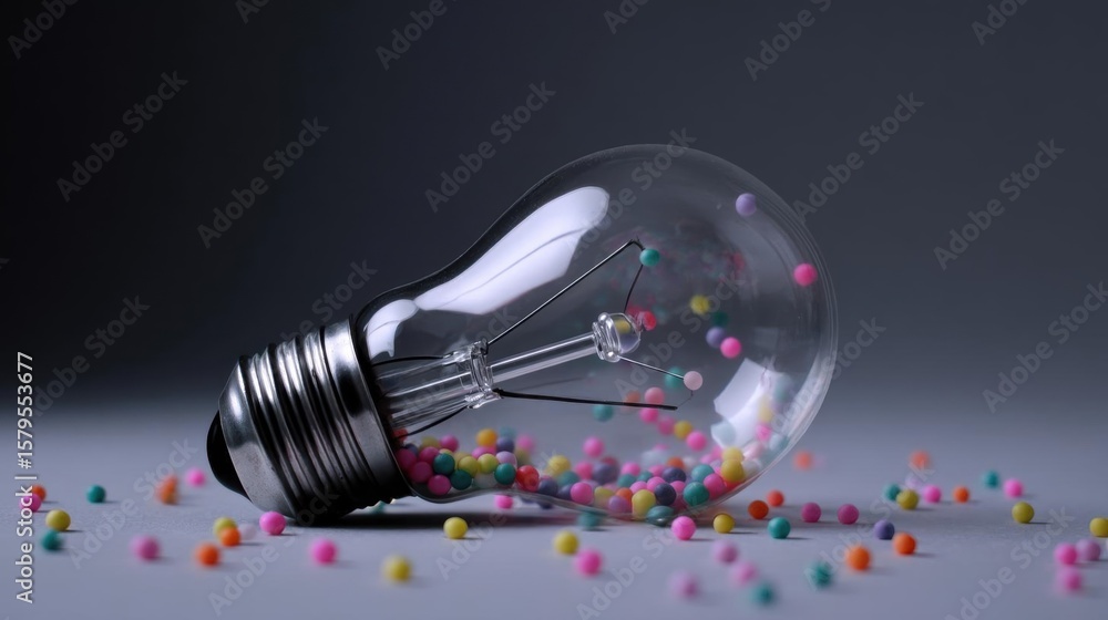 Poster light bulb lying on its side on a grey surface. the light bulb is transparent and has a metal base. 