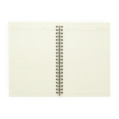 Open spiral bound notebook with lined cream colored pages isolated on transparent background