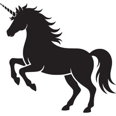 A silhouette of a unicorn rearing up on its hind legs with a horn on its head on a white background on transparent background