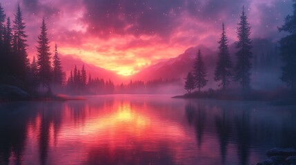 Fototapeta premium Pink sunset over misty lake