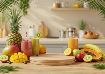 A colorful display of fresh tropical fruits and refreshing smoothies on a wooden table.