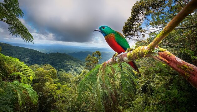 a pompadour cotinga scans the rainforest below