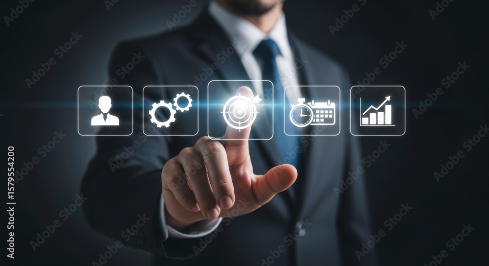 Poster a businessman interacting with a digital interface showing business related icons in a dark setting
