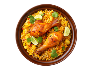 Delicious chicken biryani with lime and coriander isolated on transparent background