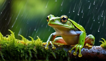 adorable green tree frog perched on a moss covered branch during a gentle rain shower water droplets cling to the branch and the frog s skin