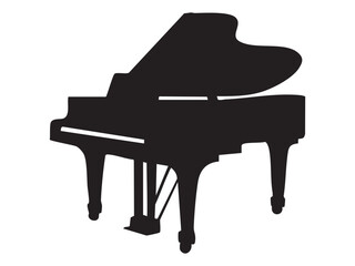 Black silhouette of grand piano isolated on white background, graphic illustration. concept of musical instrument, classical music, elegant decor, icon, logo, design element