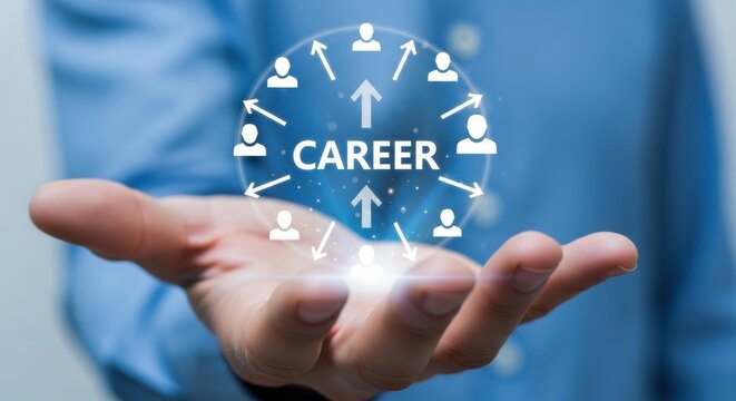 Hand holding career sphere with arrows and people icons on a blue background showing growth concept