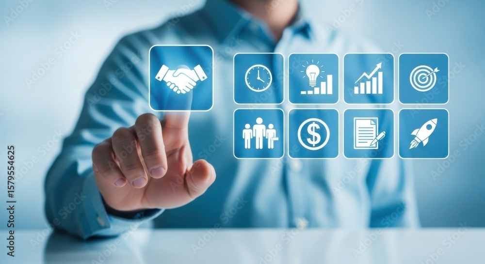 Poster man touching virtual screen with business icons showing partnership and growth strategies displayed