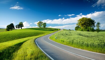 curved rural road through green fields and trees under blue sky