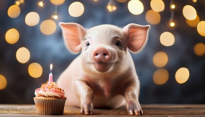cute piglet celebrating with a cupcake beside glowing decorations in a cozy setting