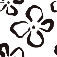 Seamless abstract botanical pattern. Simple background with black, white texture. Digital brush strokes. Flowers. Design for textile fabrics, wrapping paper, background, wallpaper, cover.
