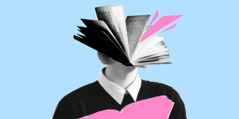 Surreal collage of faceless person with open book as head in pop art halftone design.