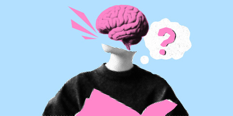 Brain head collage with question mark and speech bubble in pop art halftone design.
