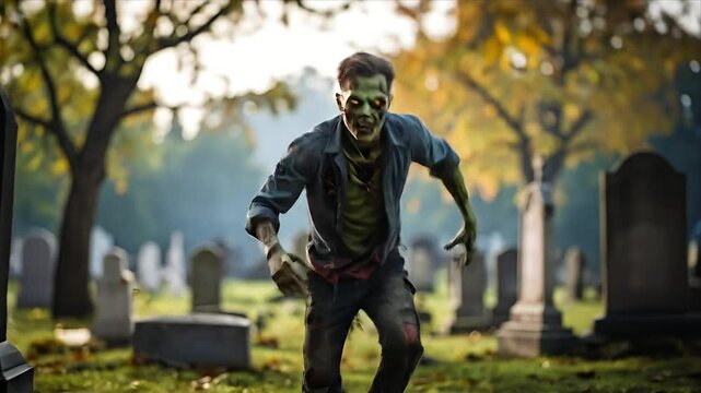 A zombie emerges from a cemetery, eyes aglow, in a hazy graveyard scene
