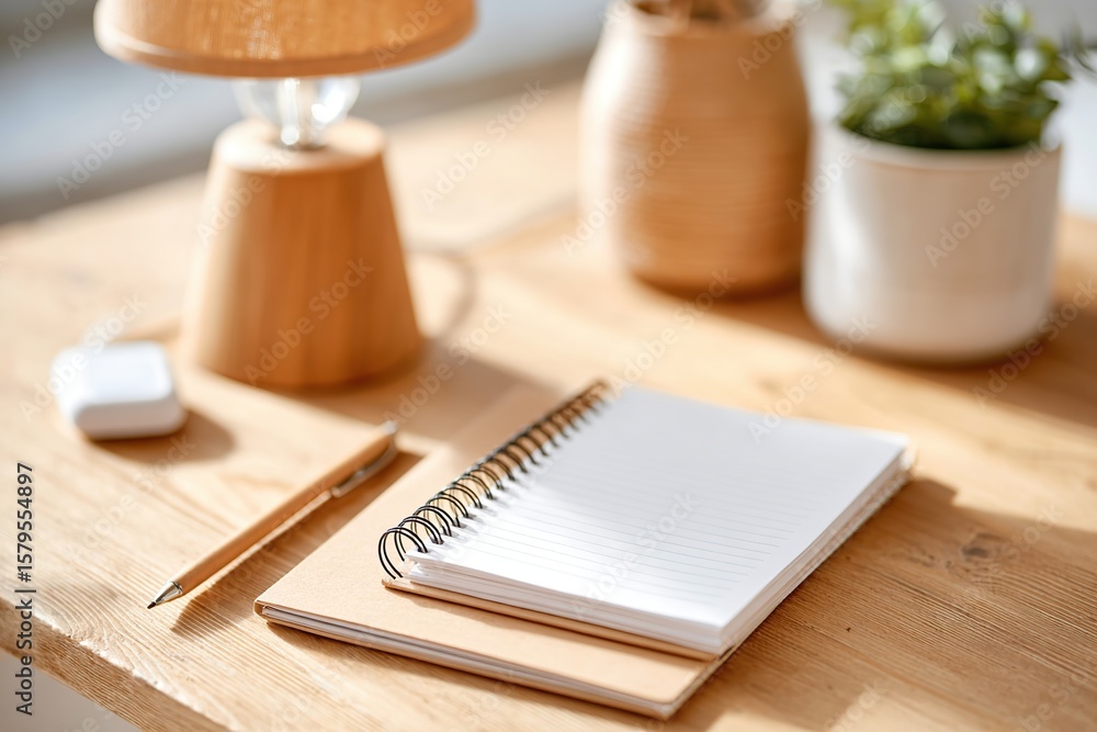 Poster workspace featuring analog notepad and e-ink device on a wooden table with warm lighting