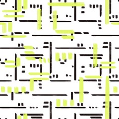 Seamless abstract pattern. Simple background with black, lime, white. Lines, grid, dots. Digital brush strokes. Design for textile fabrics, wrapping paper, background, wallpaper, cover.