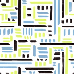 Seamless abstract pattern. Simple background with blue, lime, black, white. Lines, grid, dots. Digital brush strokes. Design for textile fabrics, wrapping paper, background, wallpaper, cover.