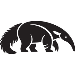 A stylized black anteater with a long snout and bushy tail on a light gray background is shown here on transparent background