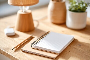 Workspace featuring analog notepad and e-ink device on a wooden table with warm lighting