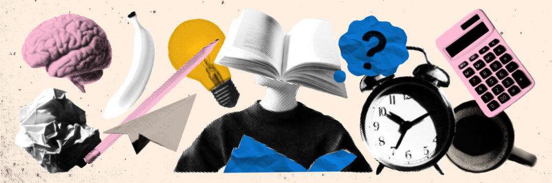 Halftone retro Collage with brain, calculator, coffee mug and book-headed student on textured beige background
