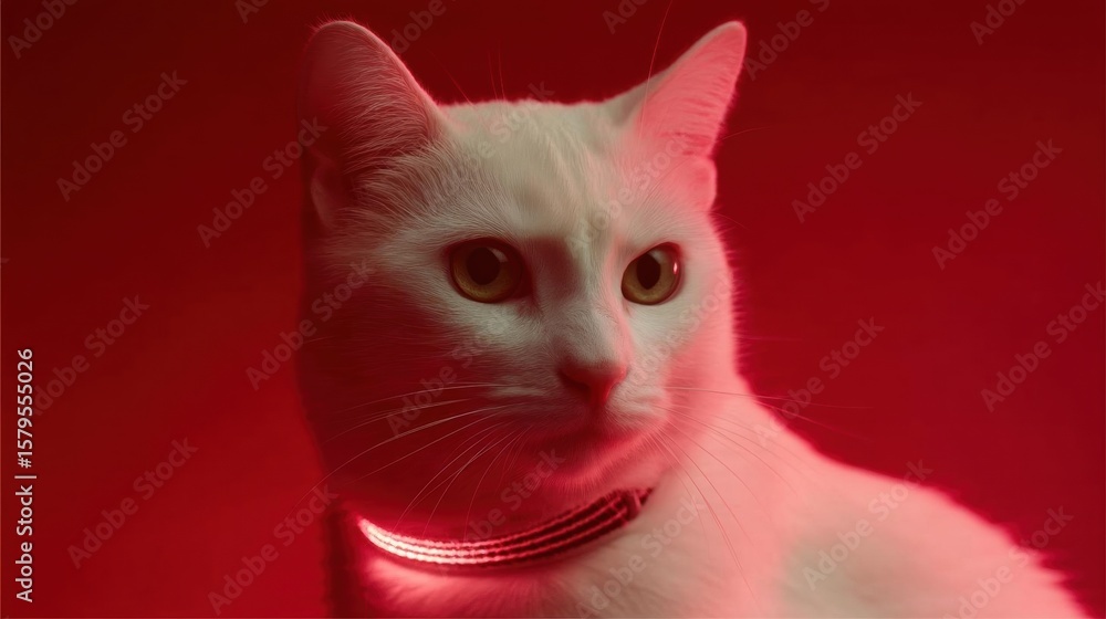 Poster close-up portrait of a white cat with a red collar around its neck. the cat is looking directly at t
