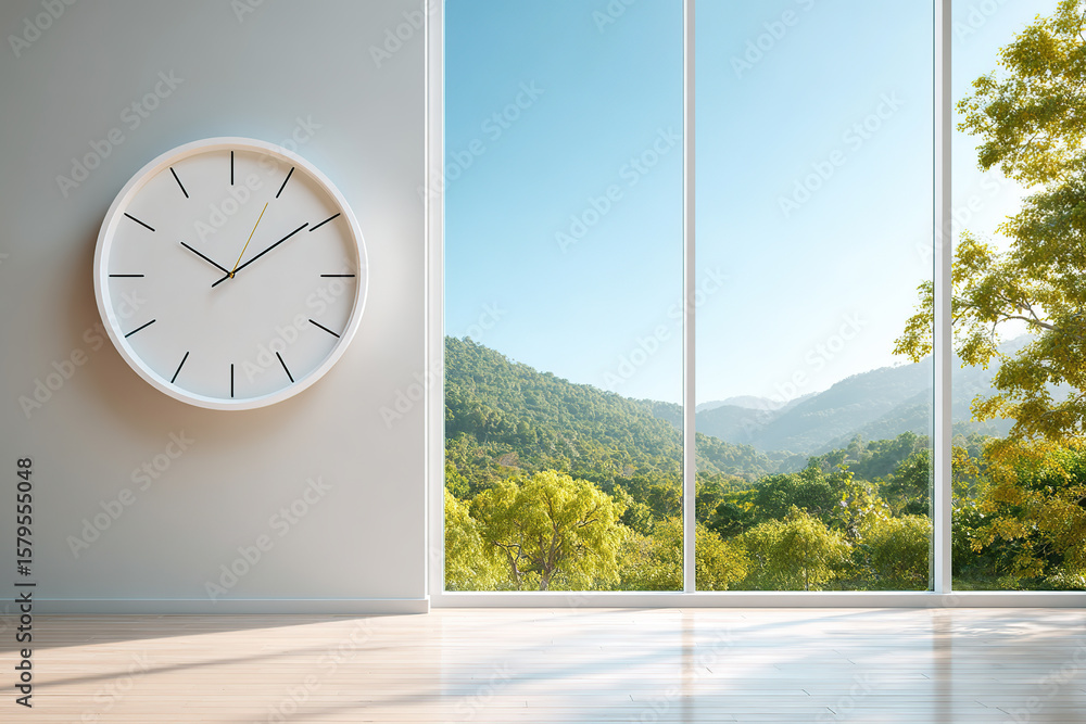 Poster digital clock display in a serene room with expansive views of nature outside