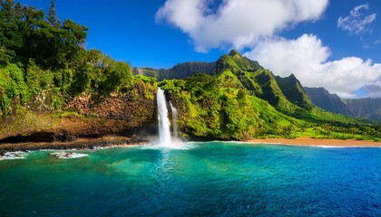 hanalei bay waterfall a majestic waterfall plunges into the turquoise waters of hanalei bay surrounded by lush green mountains and a serene tropical paradise