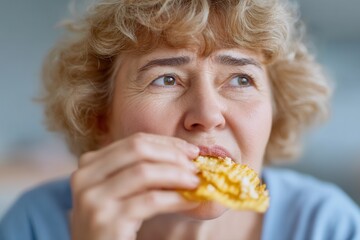 Middle-aged woman enjoys bag of chips with crumbs on her face