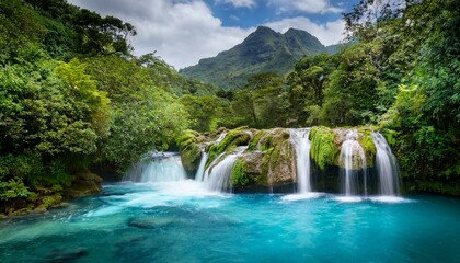 lush tropical rainforest landscape cascading waterfalls crystal clear turquoise pools mossy rocks dense foliage dramatic mountain backdrop